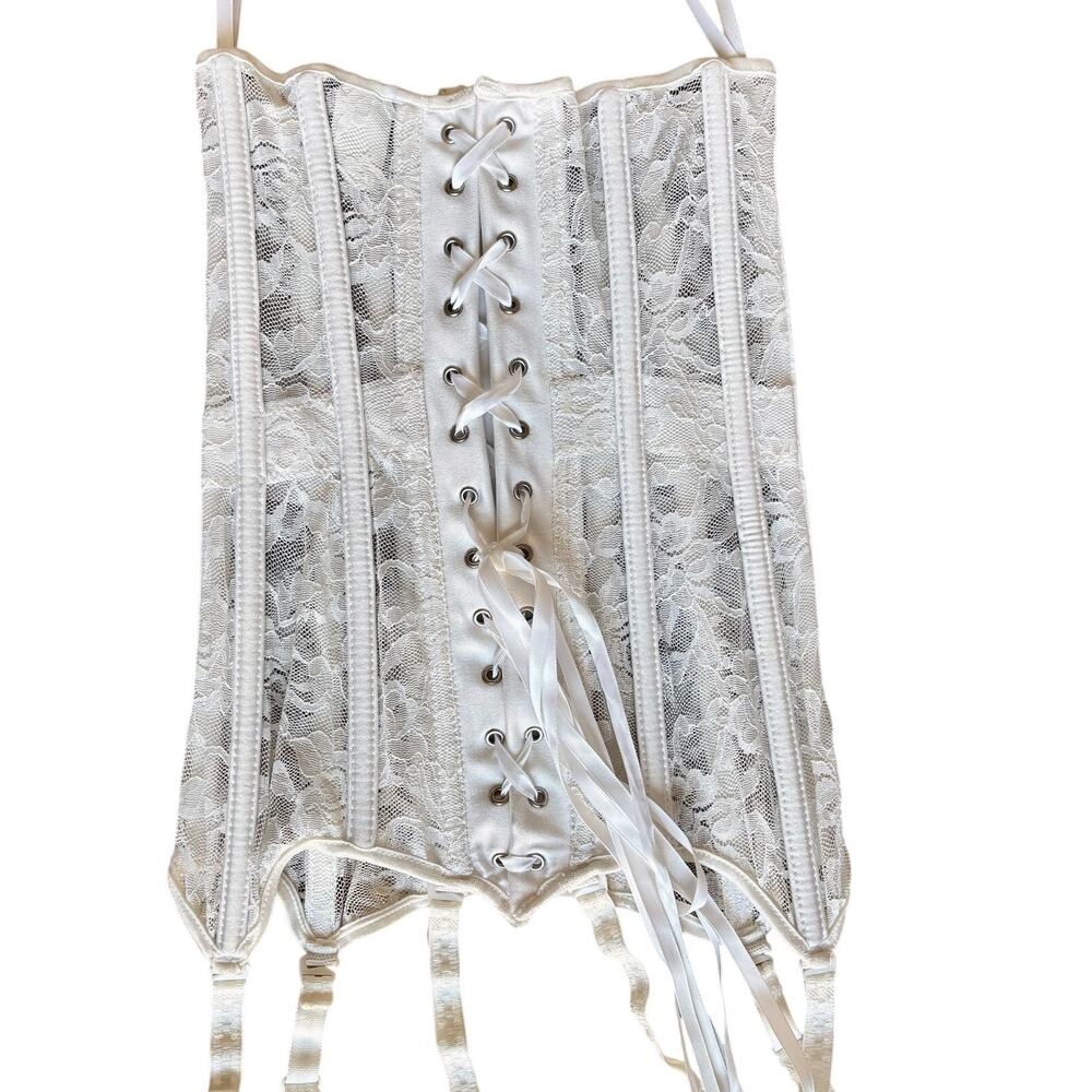 Coquette White Lace Boned Waist Cincher w/ Garters Shaper Shepherdess Steampunk - Picture 6 of 11